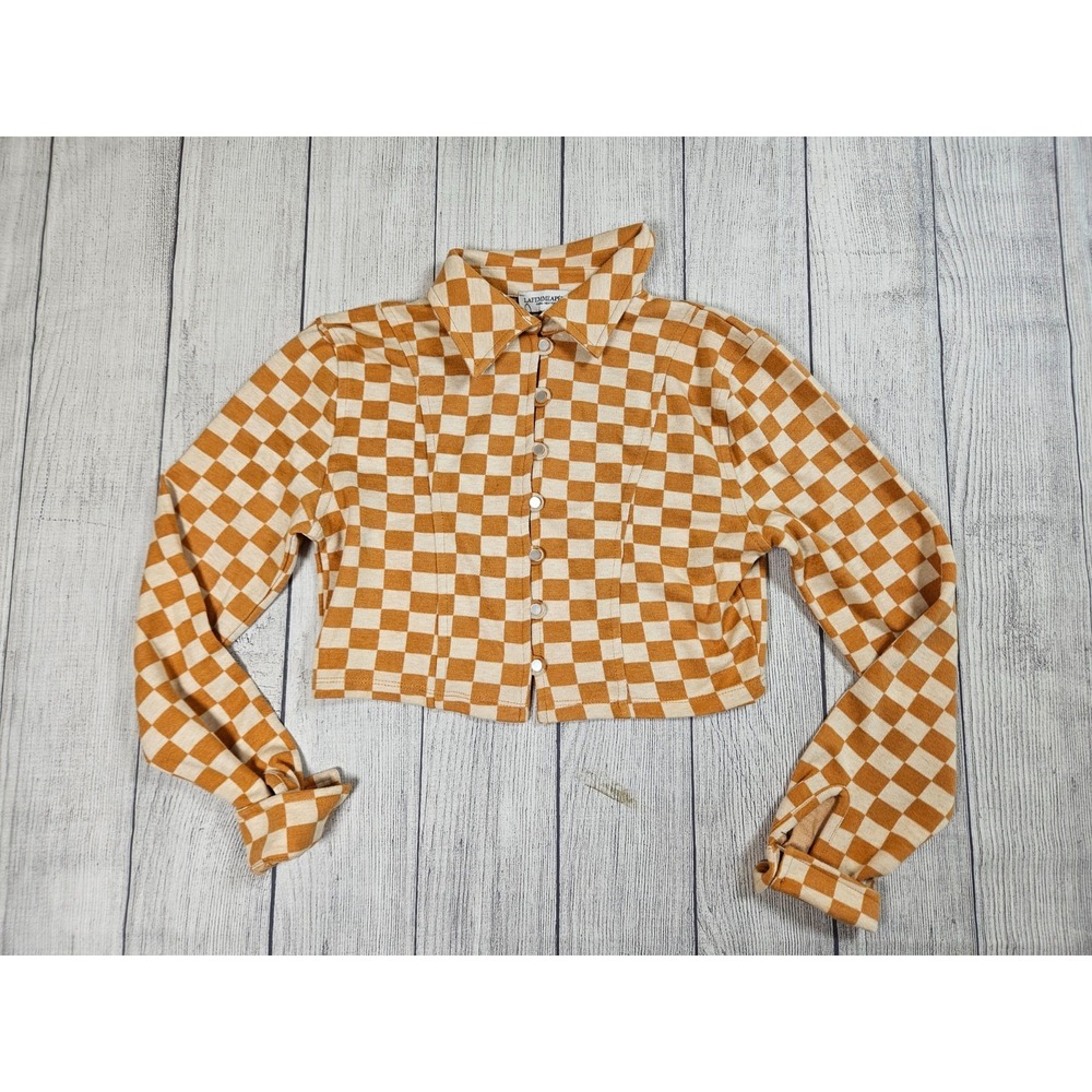 NWT La Femme Apero Blouse Womens Size 6 Orange Cream Checkered Button Front Crop